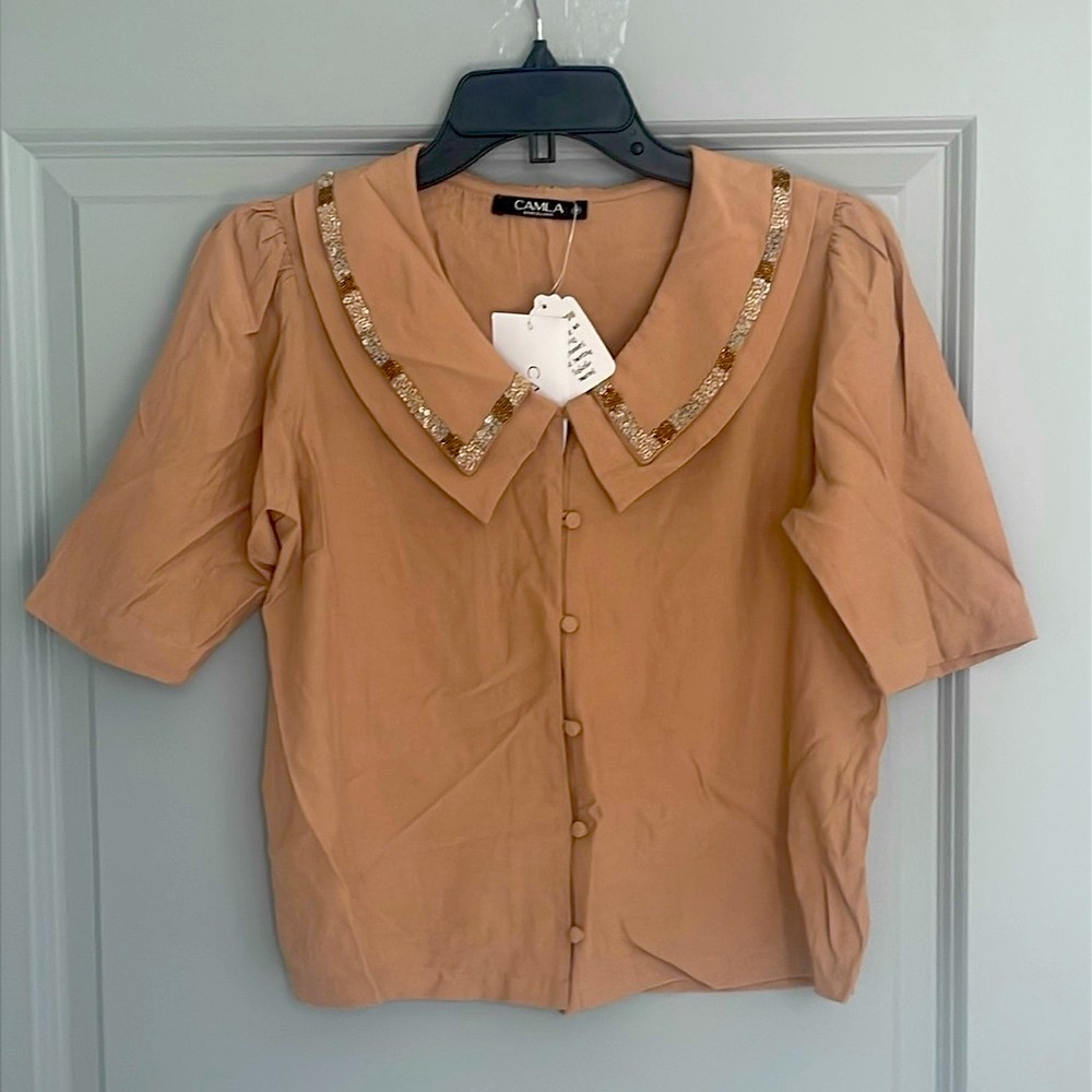 Camla Barcelona Sequined Collar Designer Blouse from Revolve